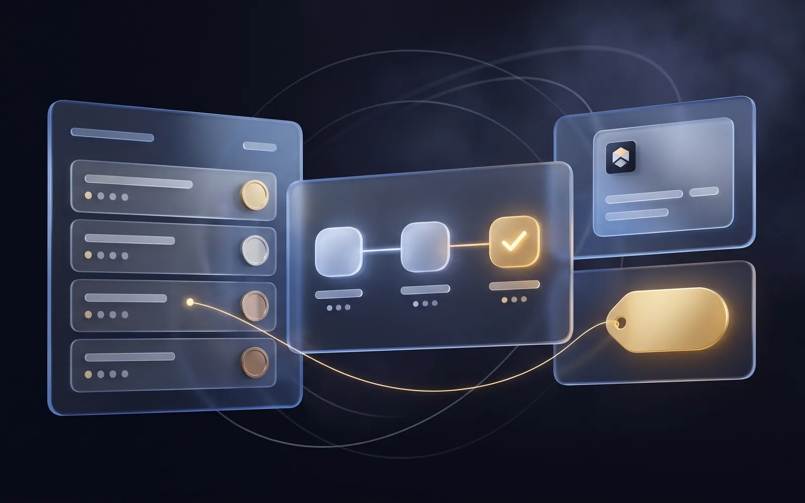 Illustration of invoices in different currencies, an approval flow and a discount tag