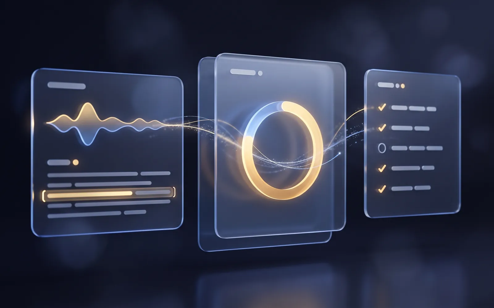 Illustration of a call waveform, a ring chart and a scorecard, joined by a stream of light
